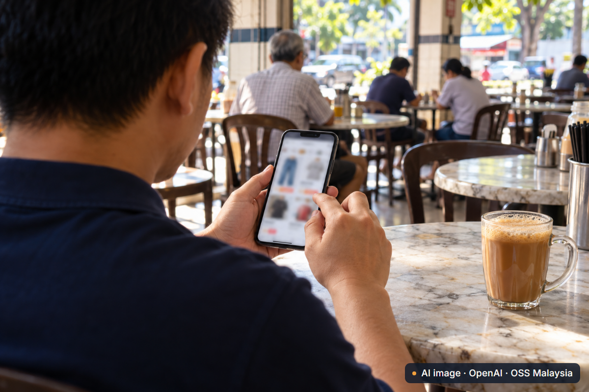 A customer at a marble table in a Malaysian kopitiam opens an online shop on a smartphone, next to a glass of teh tarik. AI-generated image (OpenAI).