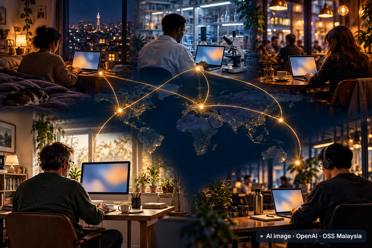 Five people in five different places, a flat at night, a lab, a cafe, a home office and a shared workspace, work on computers, and glowing lines across a world map connect their screens. AI-generated image (OpenAI).
